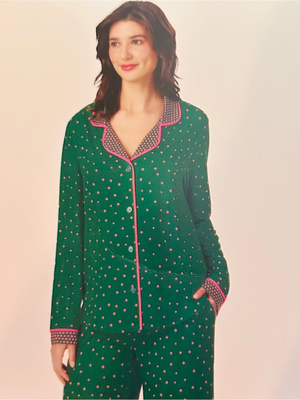 Room Service 2 Piece Pajama Set Long Sleeves Emerald Green Pink Stars New